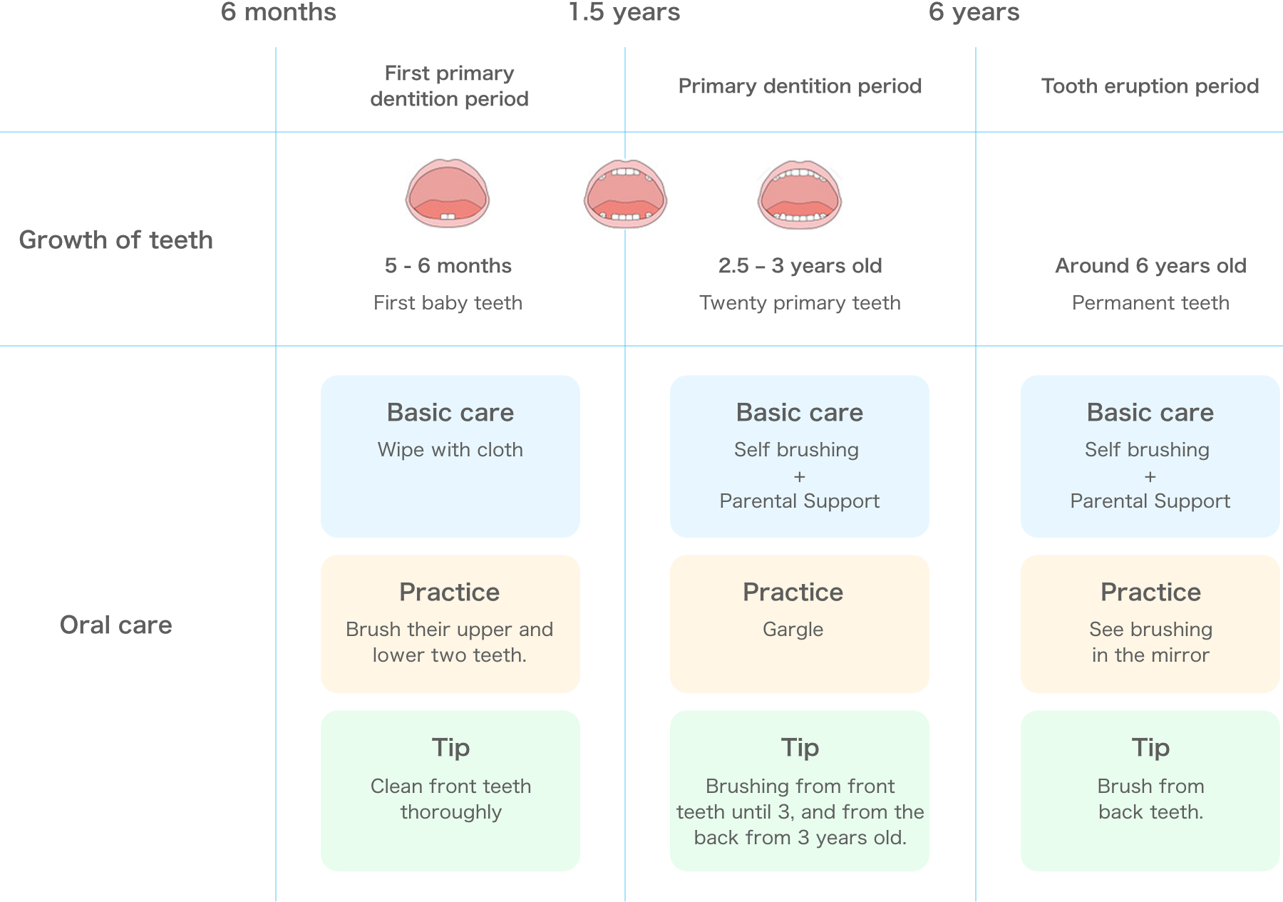 Oral care differs depending on the developmental stage of the child.