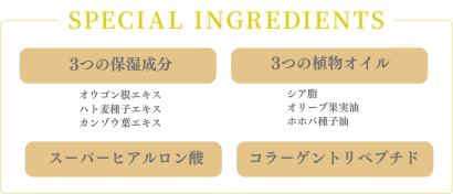 SPECIAL INGREDIENTS 3種の保湿成分　バランスの取れたうるおいで、つややかな肌に仕上げます。＊オウゴン根エキス、ハトムギ種子エキス、カンゾウ葉エキス